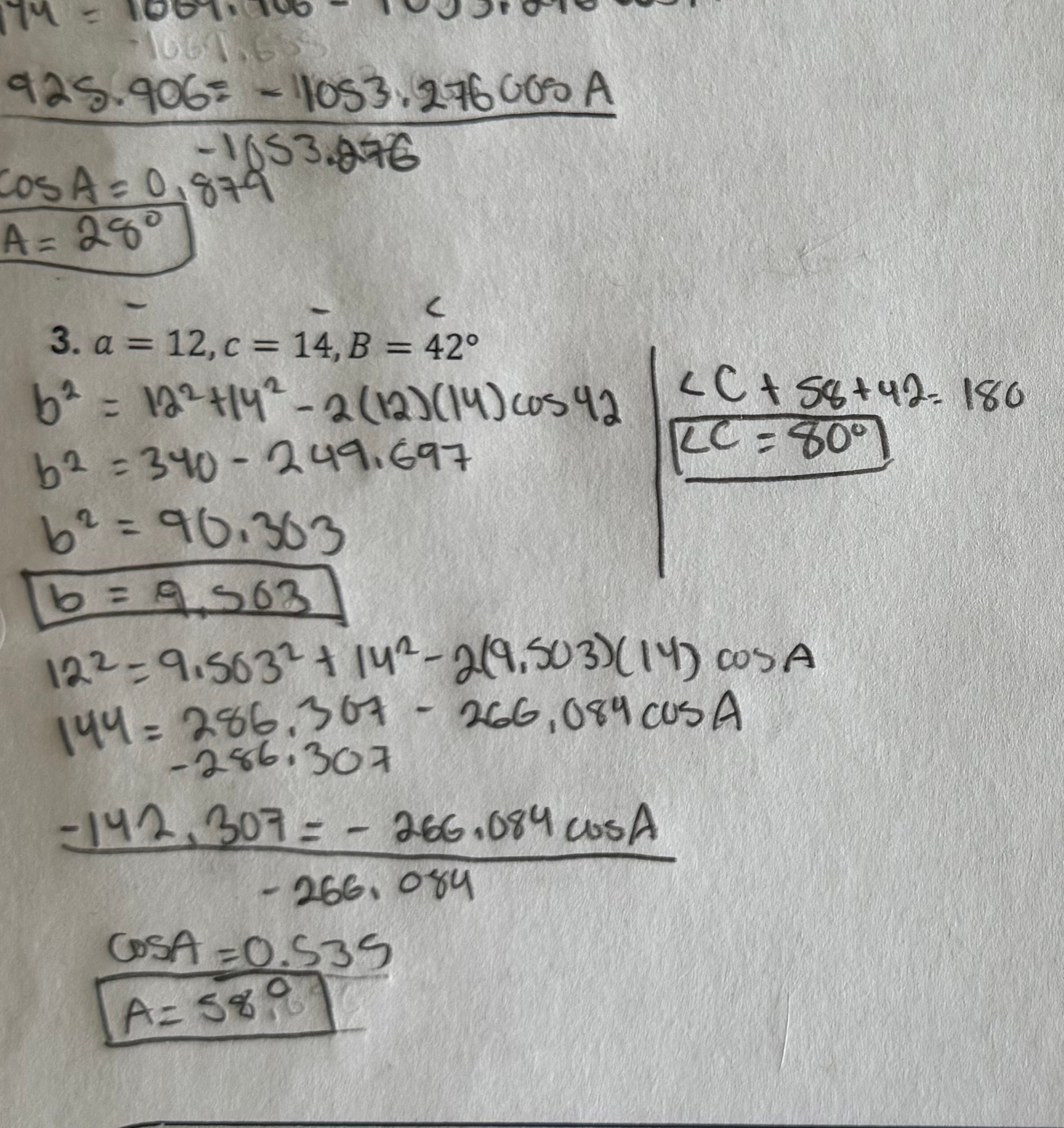 Complete original problem 3 solution, including boxed b = 9.503, A = 58°, and C = 80° at upper right. The preceding step is b squared = 90.303. The SAS identification is missing.